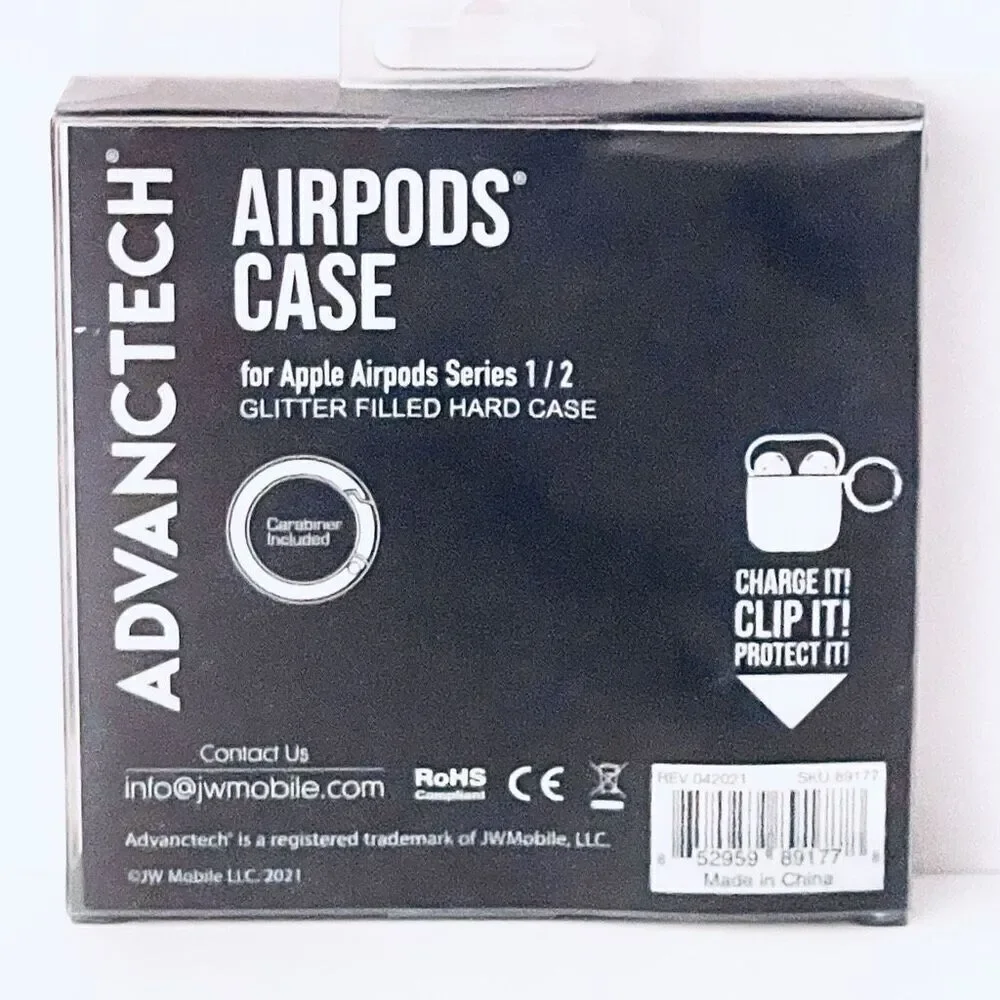 NWT ADVANTECH Clear case cover Apple AirPods Series 1 & 2 Silver Glitter Keyring